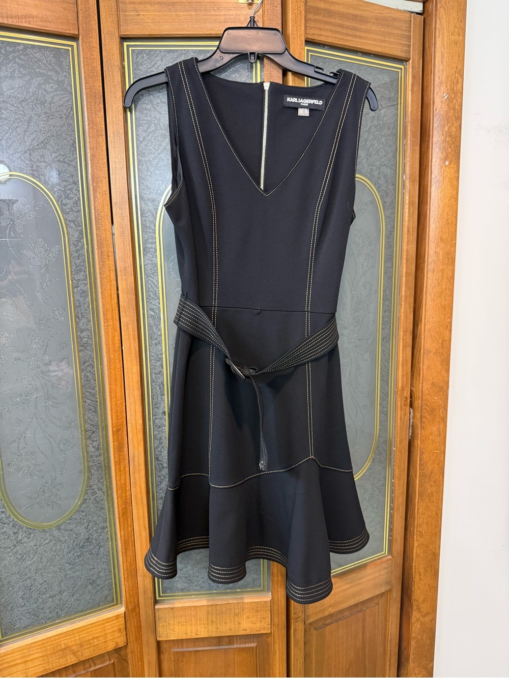 KARL LAGERFELD LADIES Black V-Neck Fit & Flare Dress with Contrast Stitching